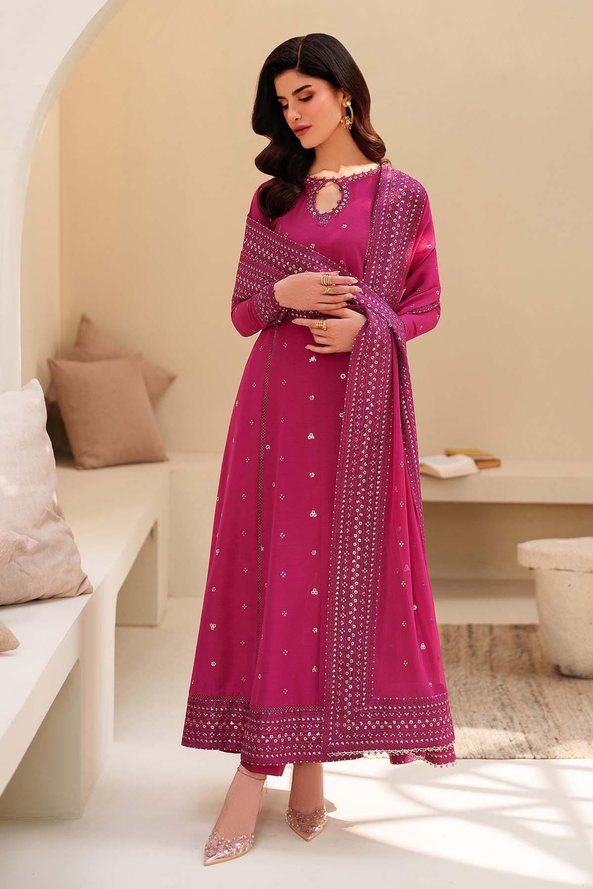 Alura Hotpink Embroidered Silk dress 3pc Suit, Sequins Pakistani Eid Dress, Organza Dupatta