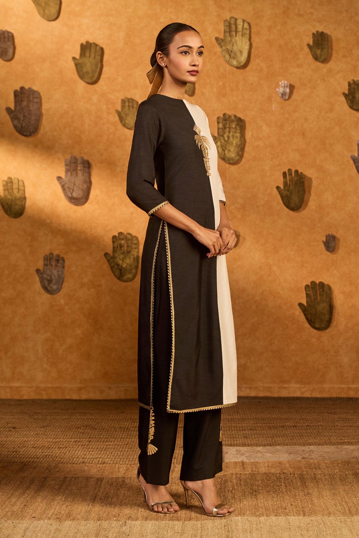 Handmade black and offwhite Kurta Pant Set: Indian Organza Dupatta 3pc Dress
