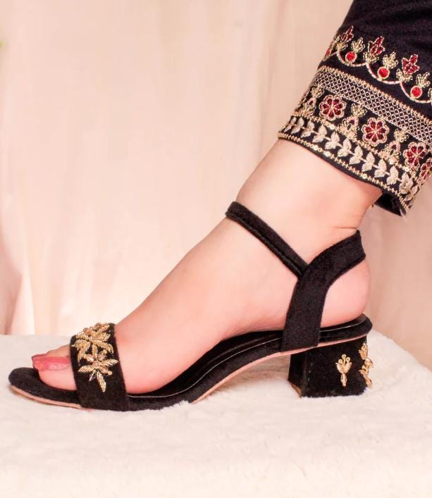 Embroidered Velvet Wedding Wedges - Ethnic Indian Zardozi Heels