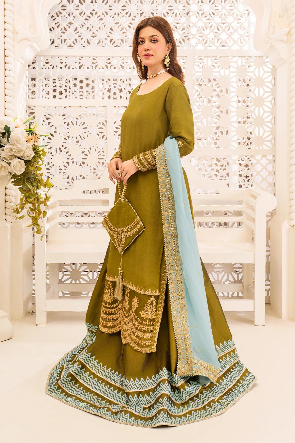 Embroidered Silk Pakistani Dress: Olive Green Lehenga, Chiffon Dupatta