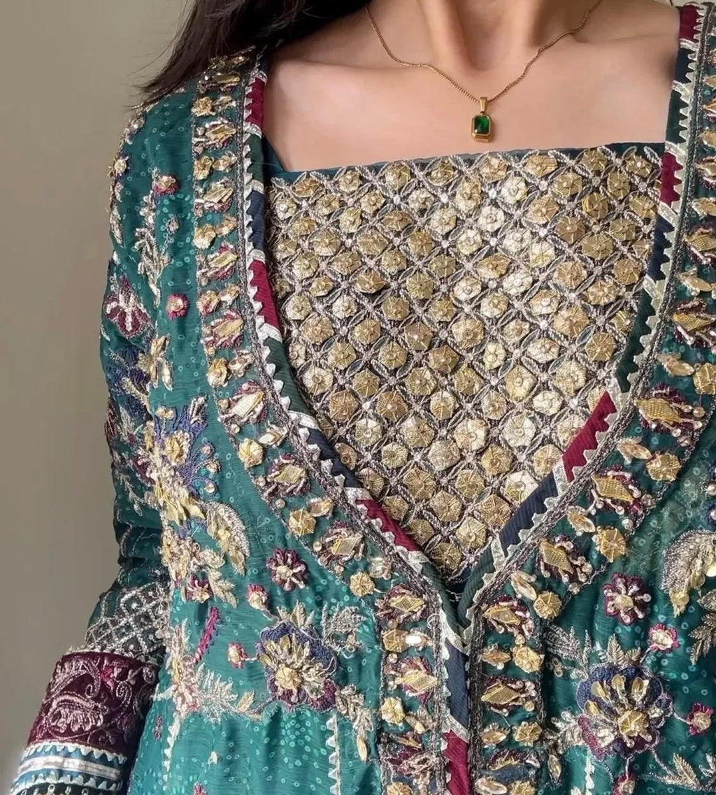 Blue Chiffon Pakistani Gown | Embroidered Dupatta, Silk Trouser