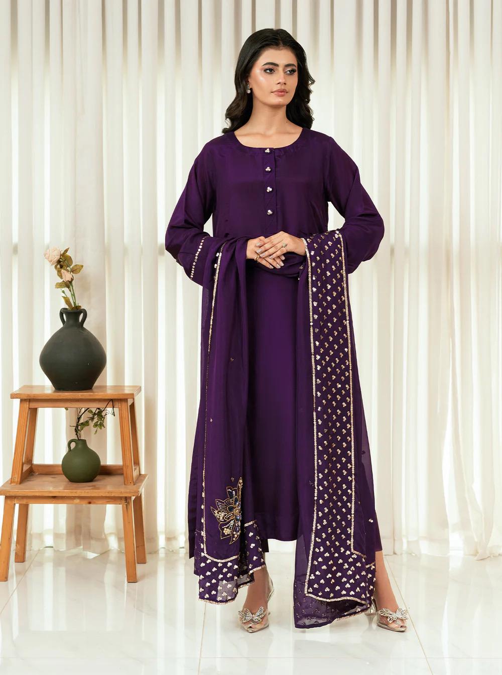 Purple Russian Silk 3pc Indian Dress, Sequins Dupatta