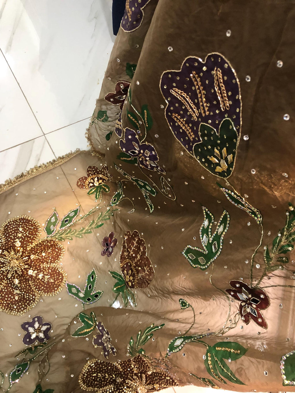 Brown Sheesha Silk Kamdani Suit, Hand-Painted Dupatta, Pakistani Wedding Outfit