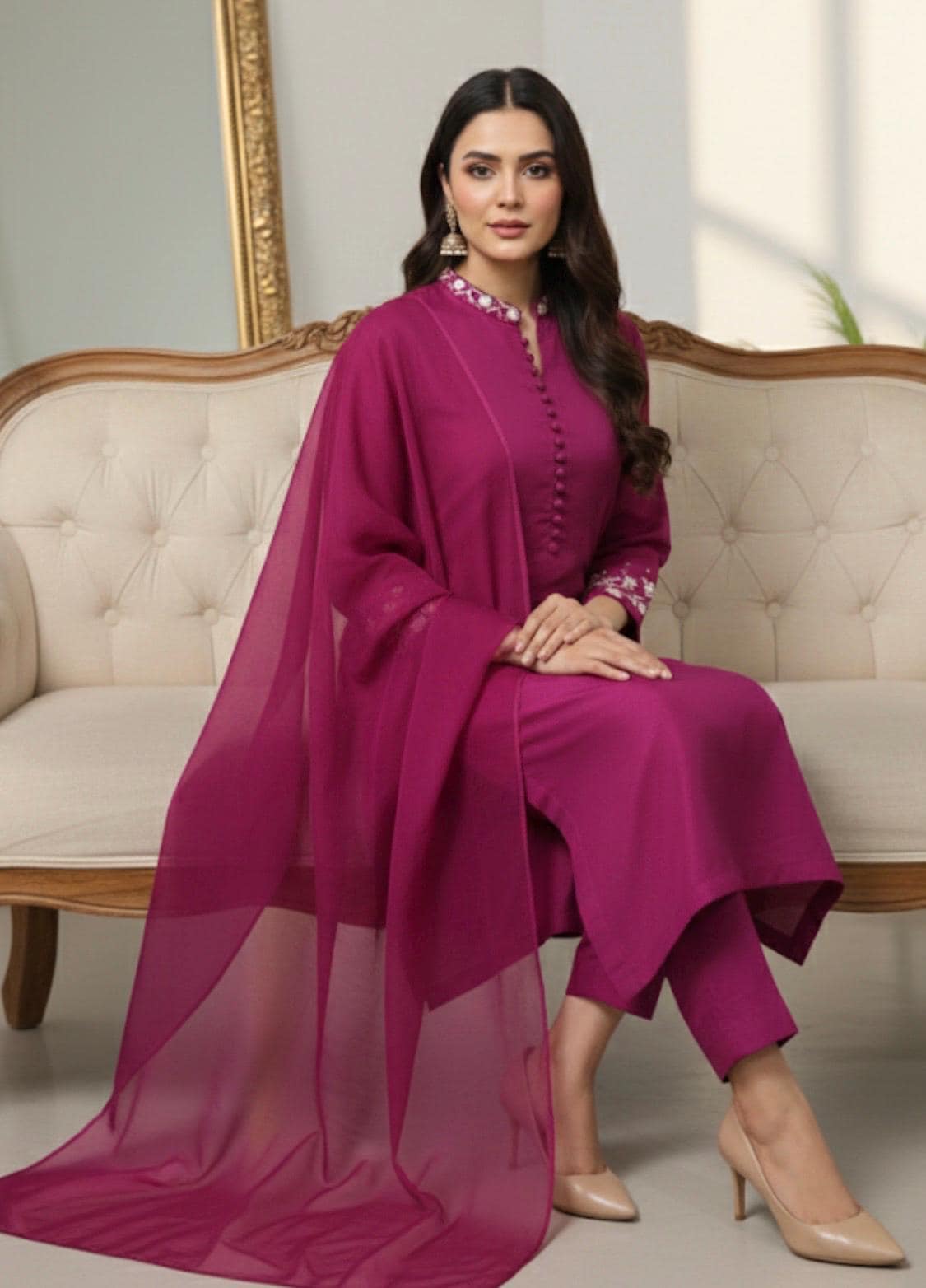 Hot Pink Hand Embroidered Silk Suit with Organza Dupatta