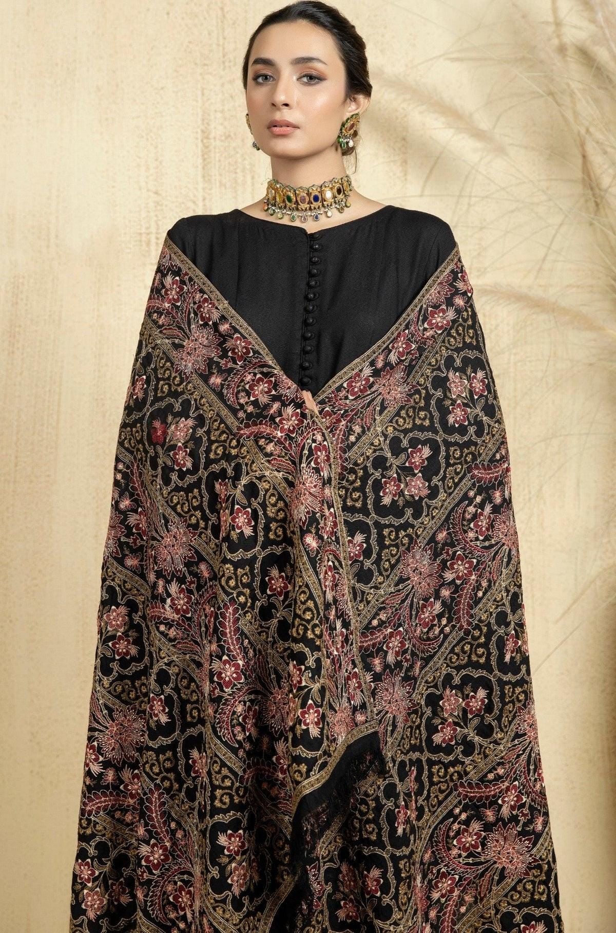 Embroidered Black indian raw silk cashmere Shawl: Indian Festive Wear