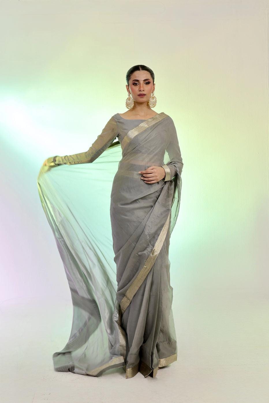 Silver Banarasi Chiffon Saree with Blouse