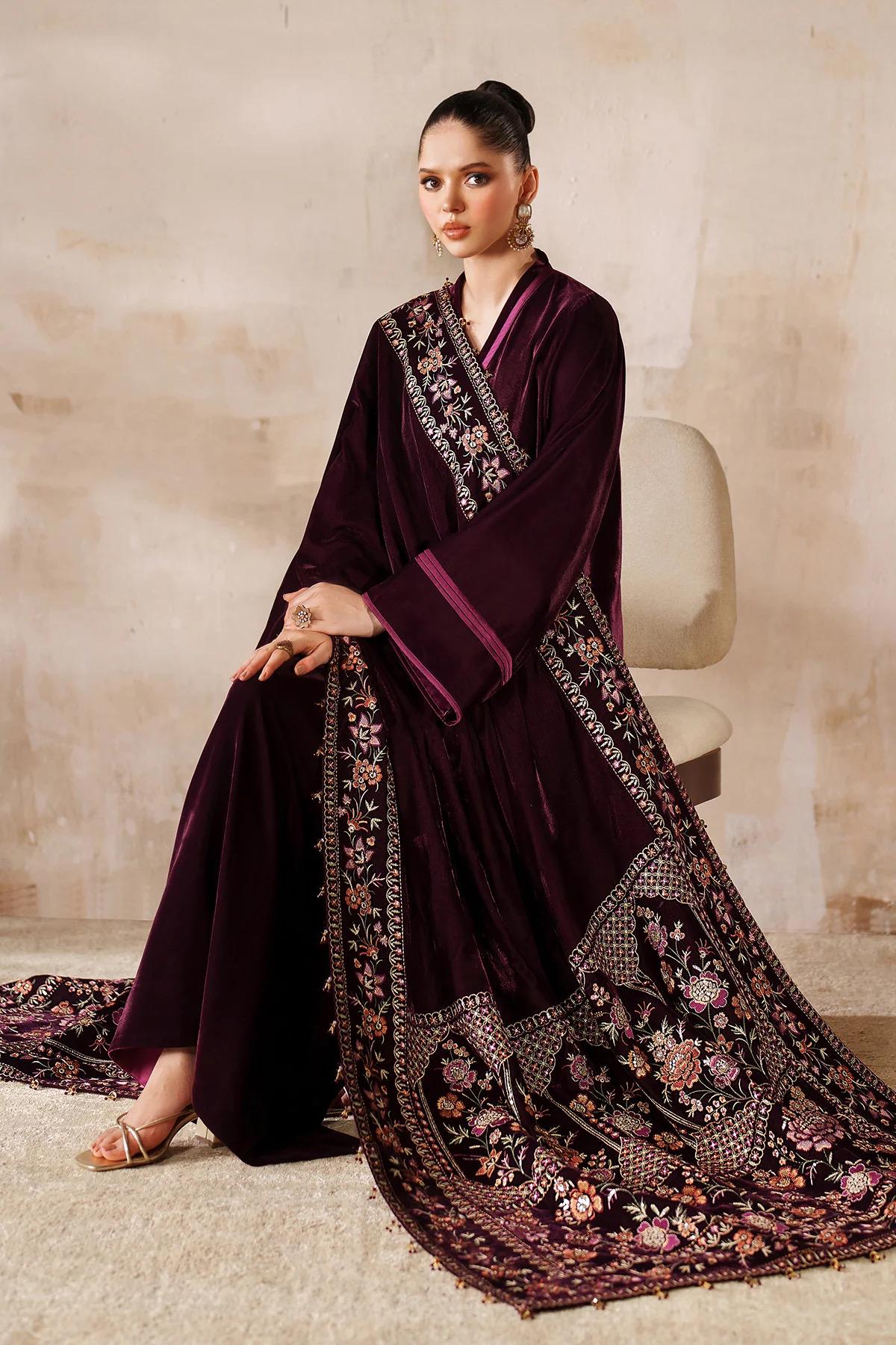 Embroidered Velvet Bridal Shawl, Maroon Multi Color