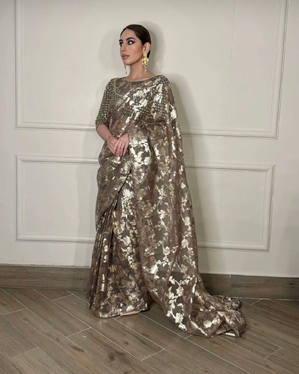 Indian Wedding Saree, Brown & Gold Sequins Embroidered Net Saree