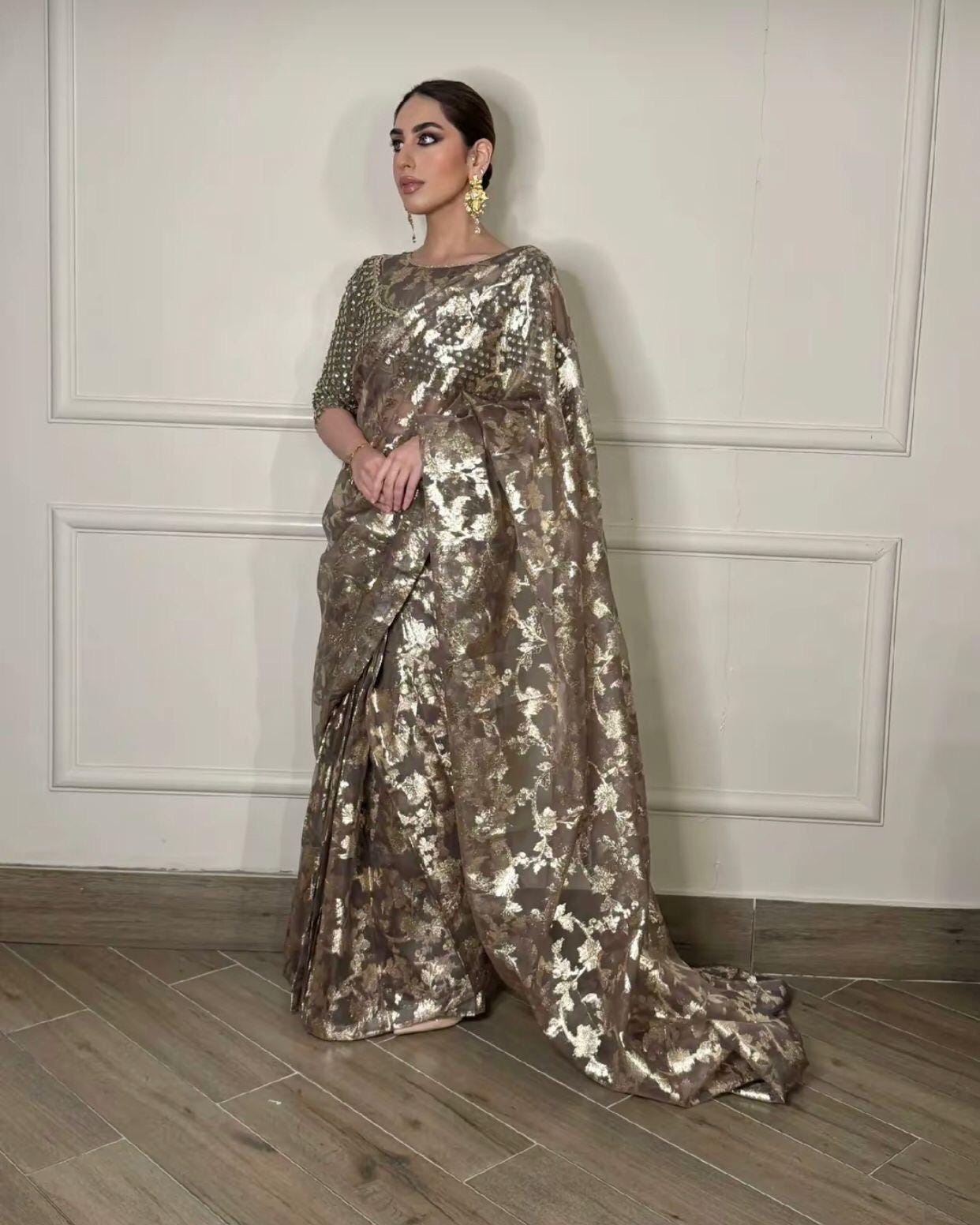 Indian Wedding Saree, Brown & Gold Sequins Embroidered Net Saree