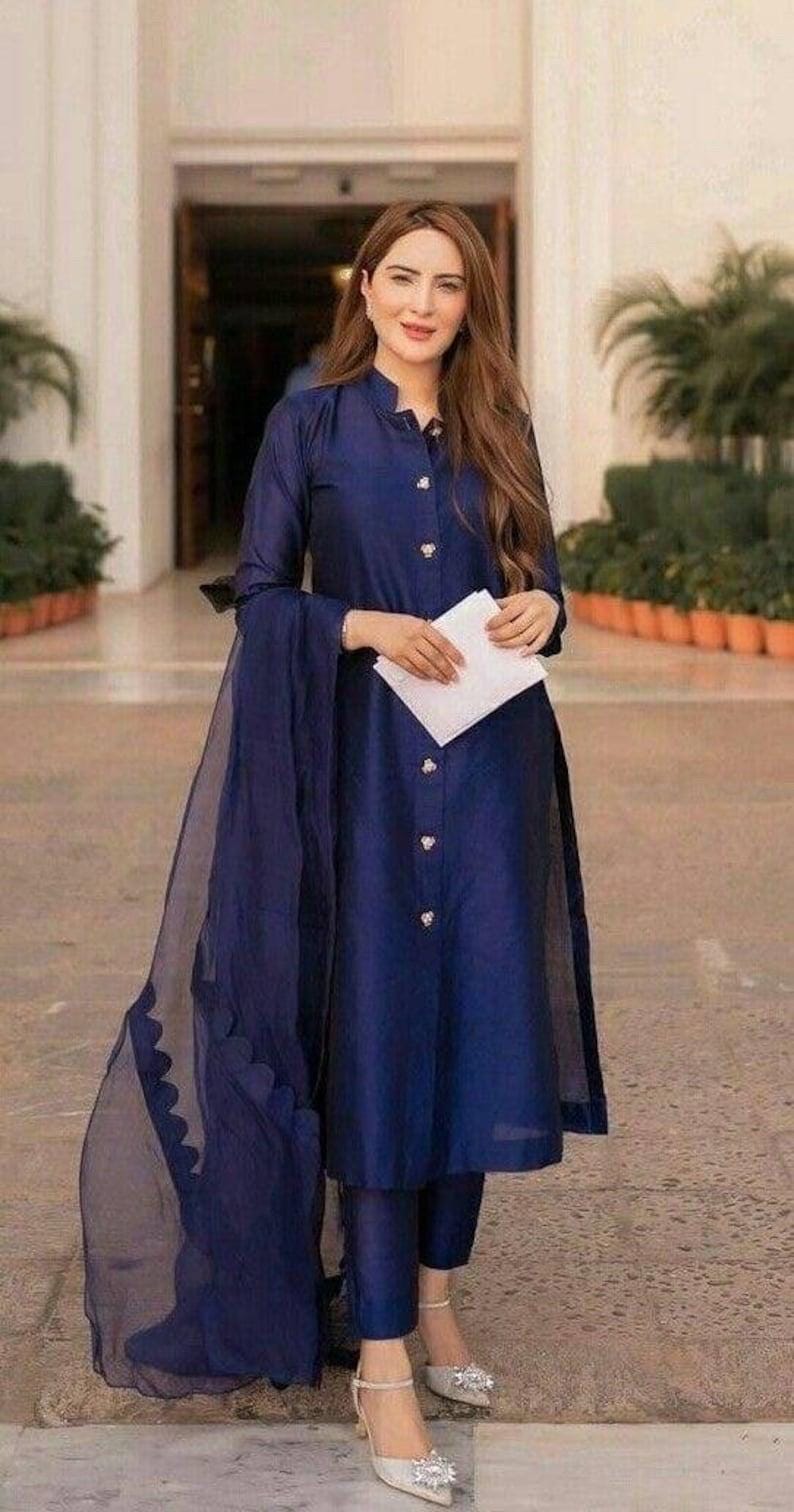 Handmade  royal blue Silk Kurta Pant Set: Indian Organza Dupatta Dress