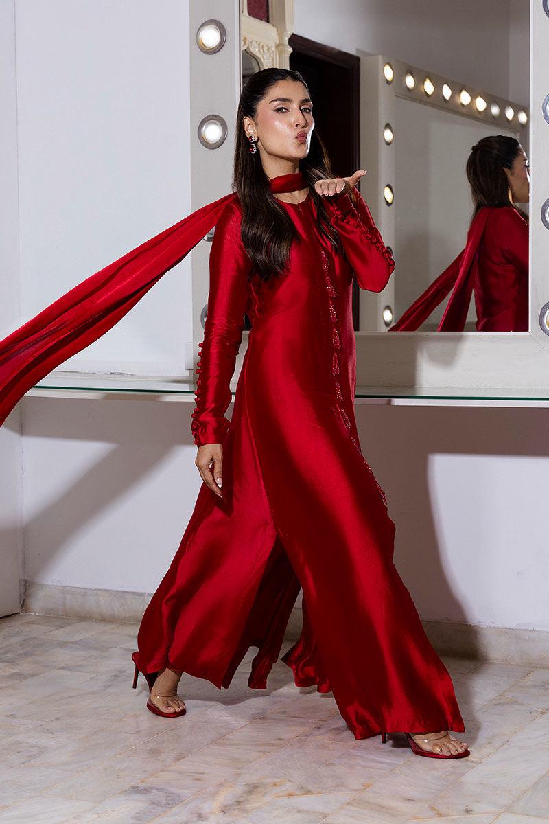 Cherry Red Silk Kameez Trouser Set, Pakistani Eid Dress