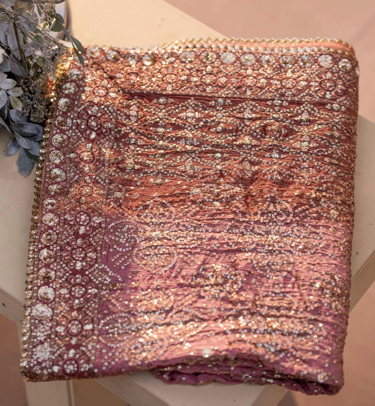 Pink Wedding Dupatta: Pakistani Kamdani Shawl with Sequin Embroidery,kamdani duppata,bridal shawl for women,indian wedding,pakistani wedding