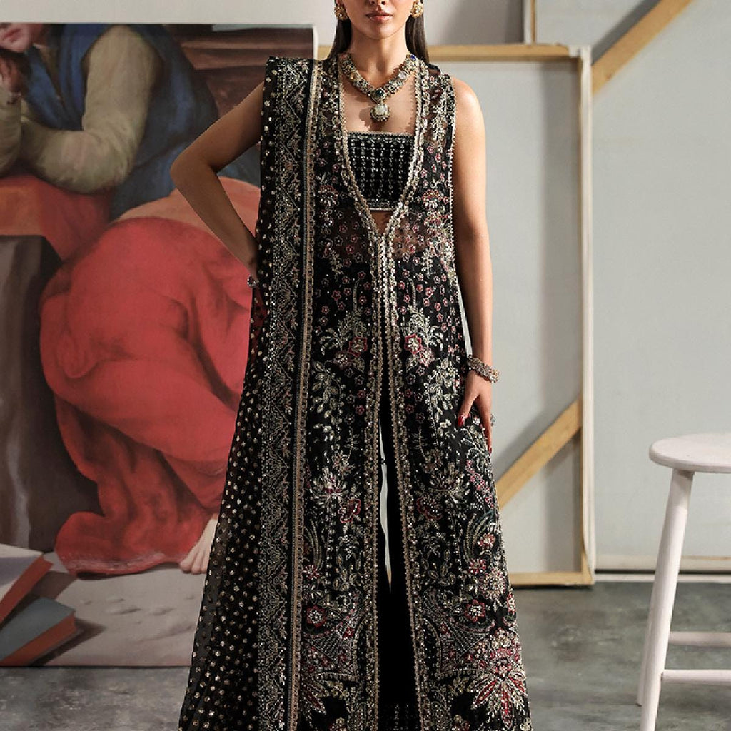 Embroidered Black Organza Pakistani Dress, Velvet Trouser 3pc Suit