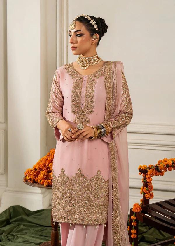 Blush Pink Kamdani Punjabi Suit: 3-Piece Chiffon Pakistani Wedding Outfit