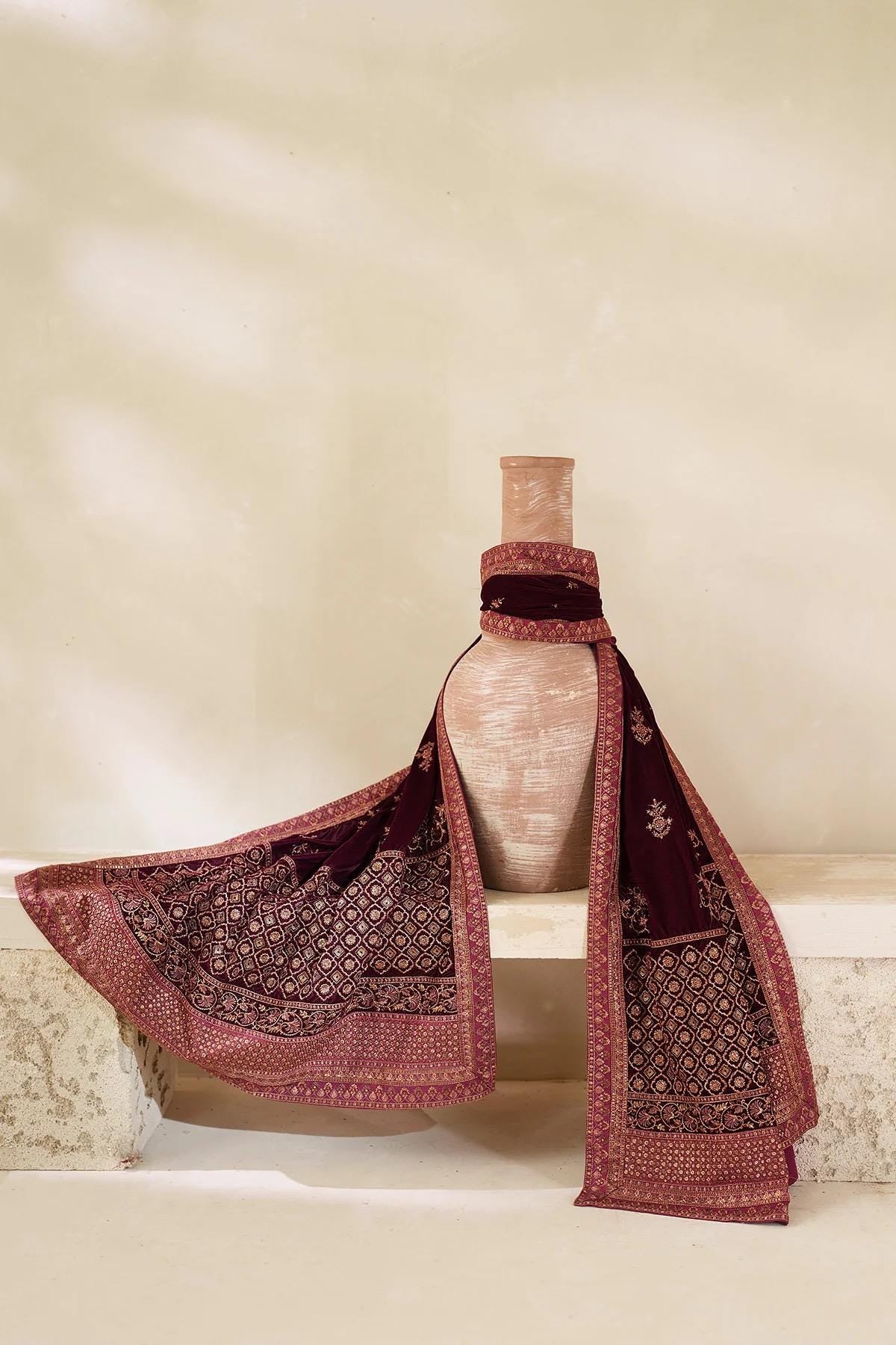 Maroon Velvet Shawl, Sequins Embroidered, Bridal Gift