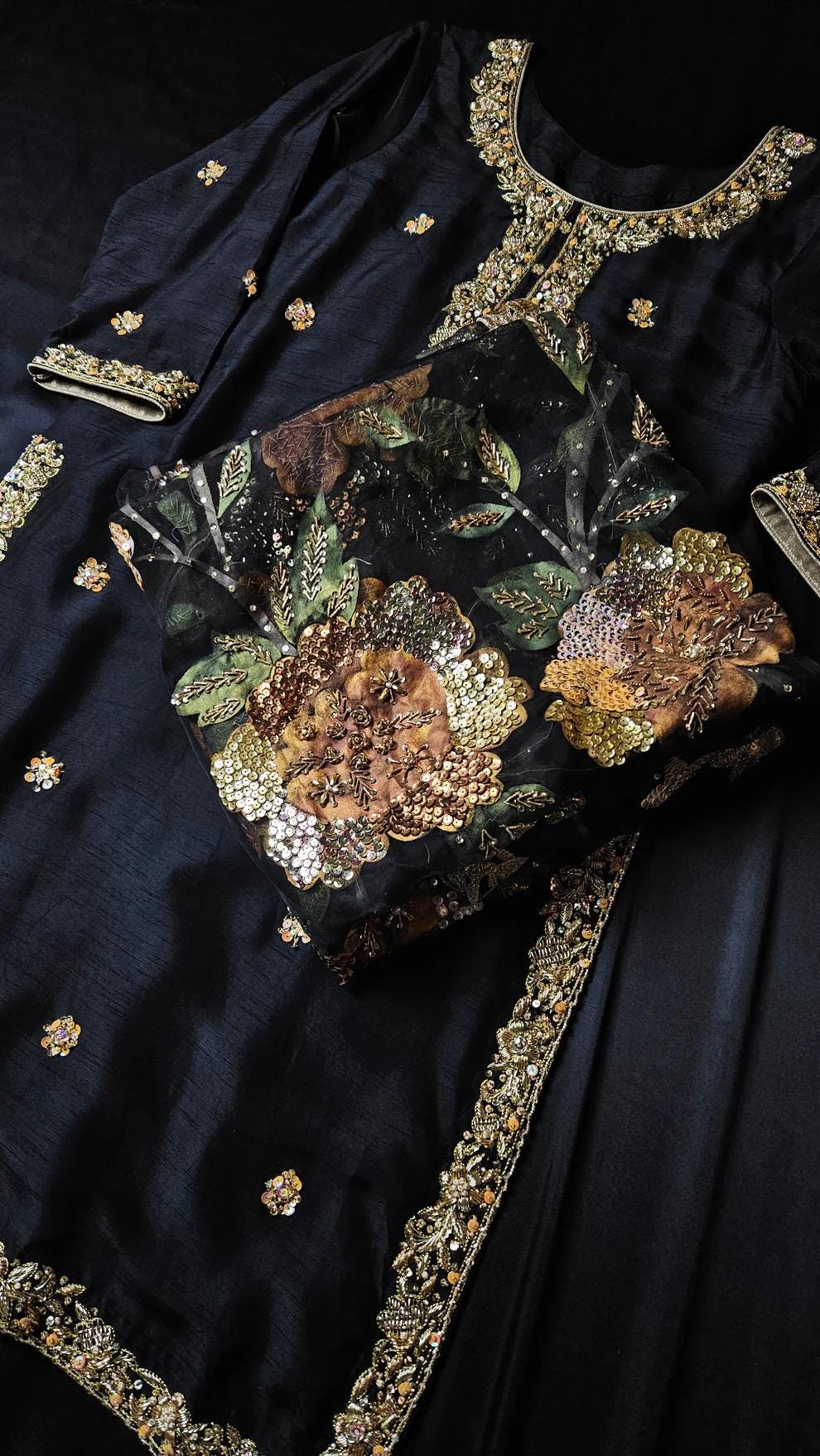 Hand-Painted Black Zardozi Dress: Korean Silk 3pc Festive Outfit