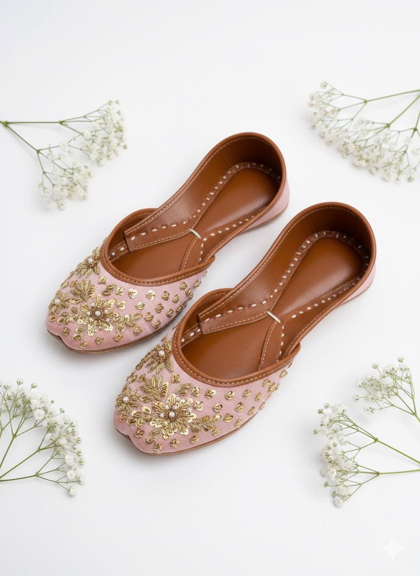 Handmade Silk Jutti: Pink Floral Embroidered Bridal Flats