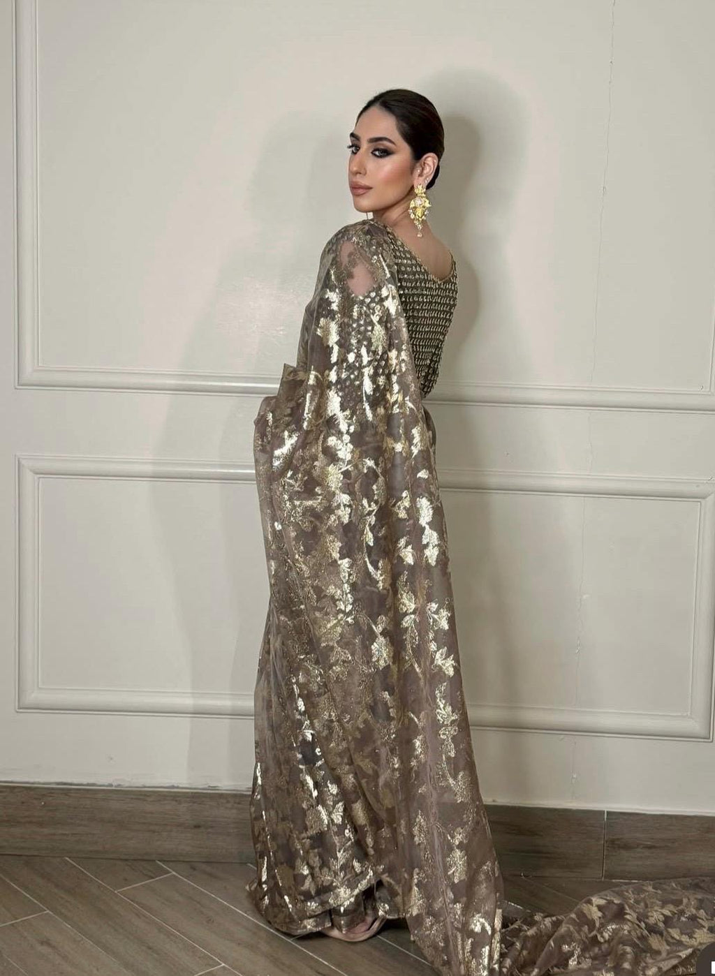 Indian Wedding Saree, Brown & Gold Sequins Embroidered Net Saree