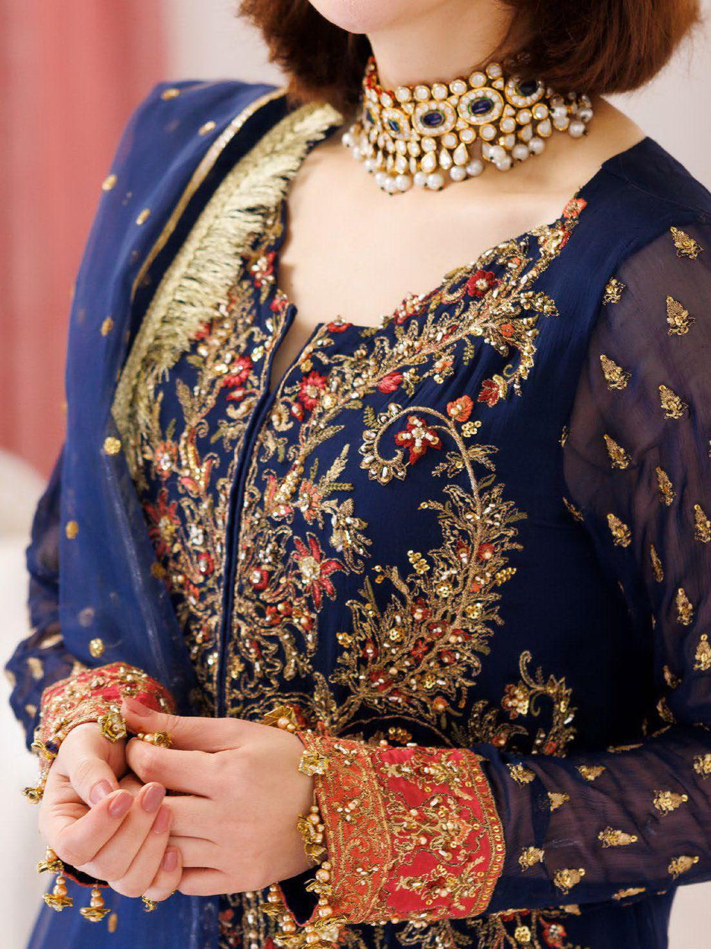 Embroidered Chiffon Pakistani Dress: Blue Floral Kashmiri Party Wear
