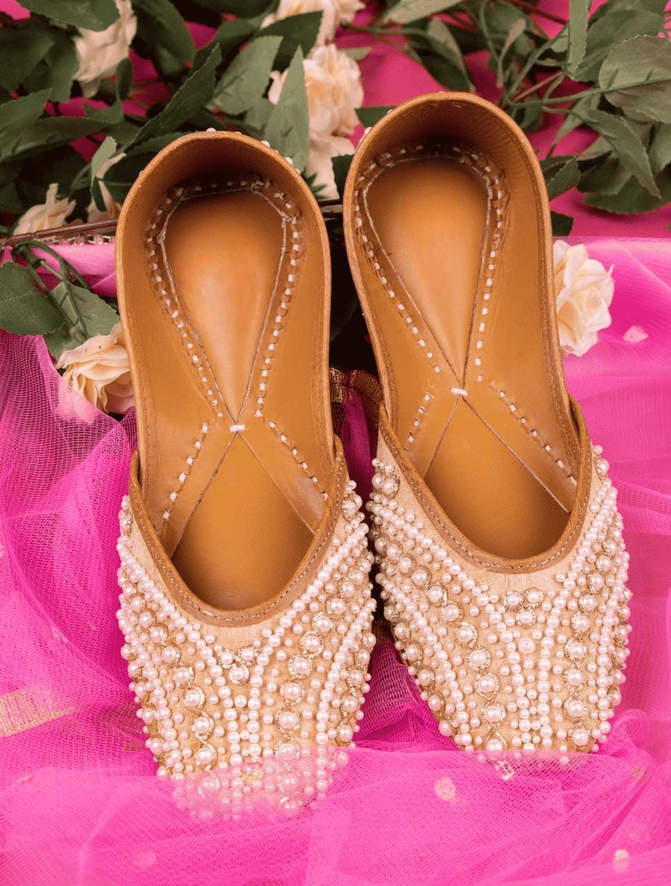 Handmade Pearl Bridal Jutti: Ivory Wedding Flats, Punjabi Khussa