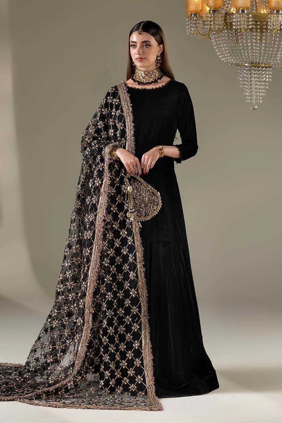 Velvet Pakistani Dress with Gota Dupatta, Festive Sharara Outfit