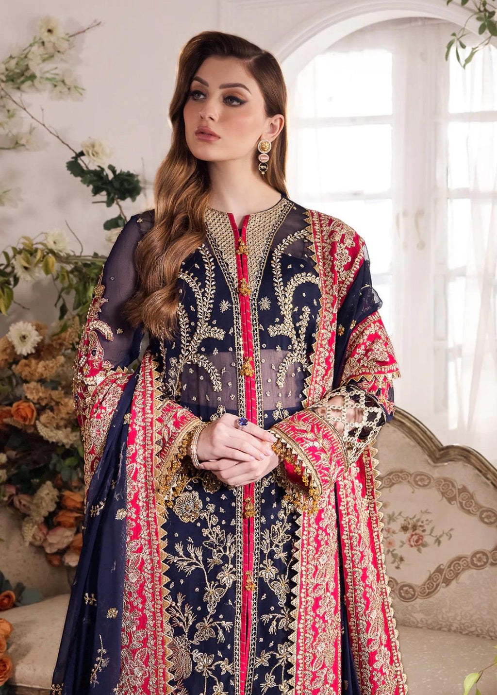 Blue Pakistani Bridal Guest Suit: Embroidered Chiffon 3pc Dress