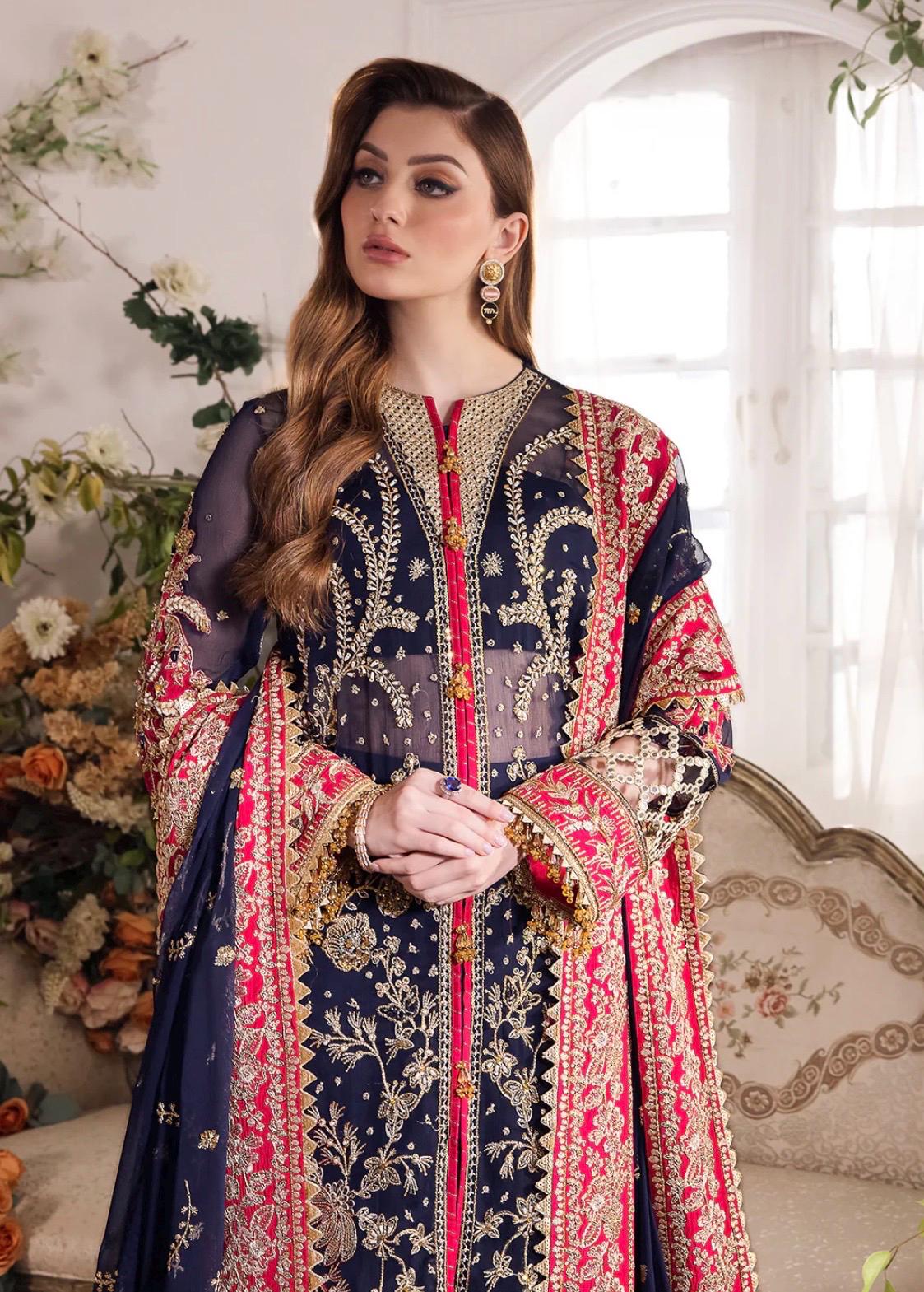 Blue Pakistani Bridal Guest Suit: Embroidered Chiffon 3pc Dress