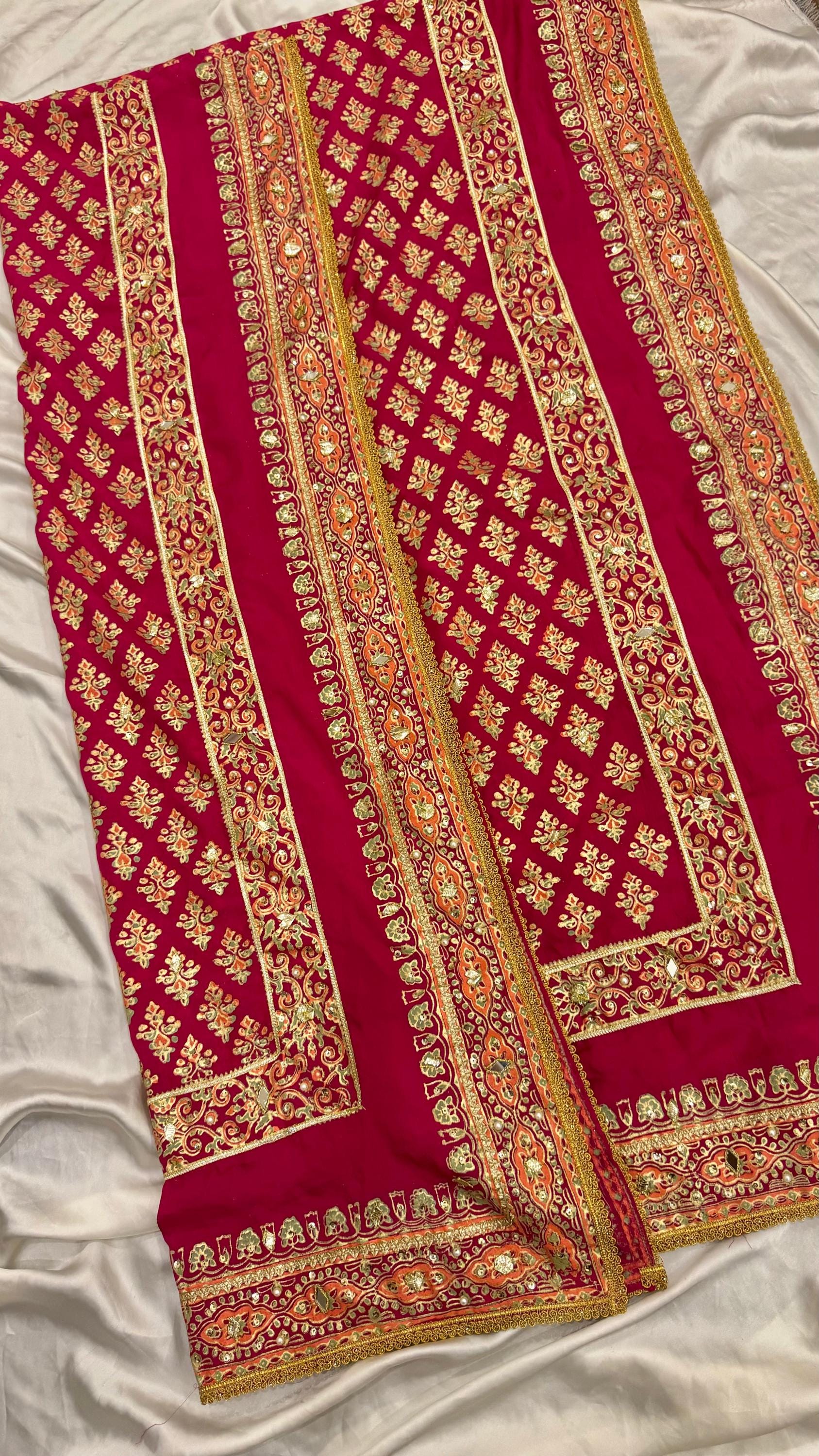 Shocking Pink Silk Dupatta: Indian Wedding Shawl with Gota Details,gotta work duppata,indian duppata,kamdani duppata,silk kamdani duppata,
