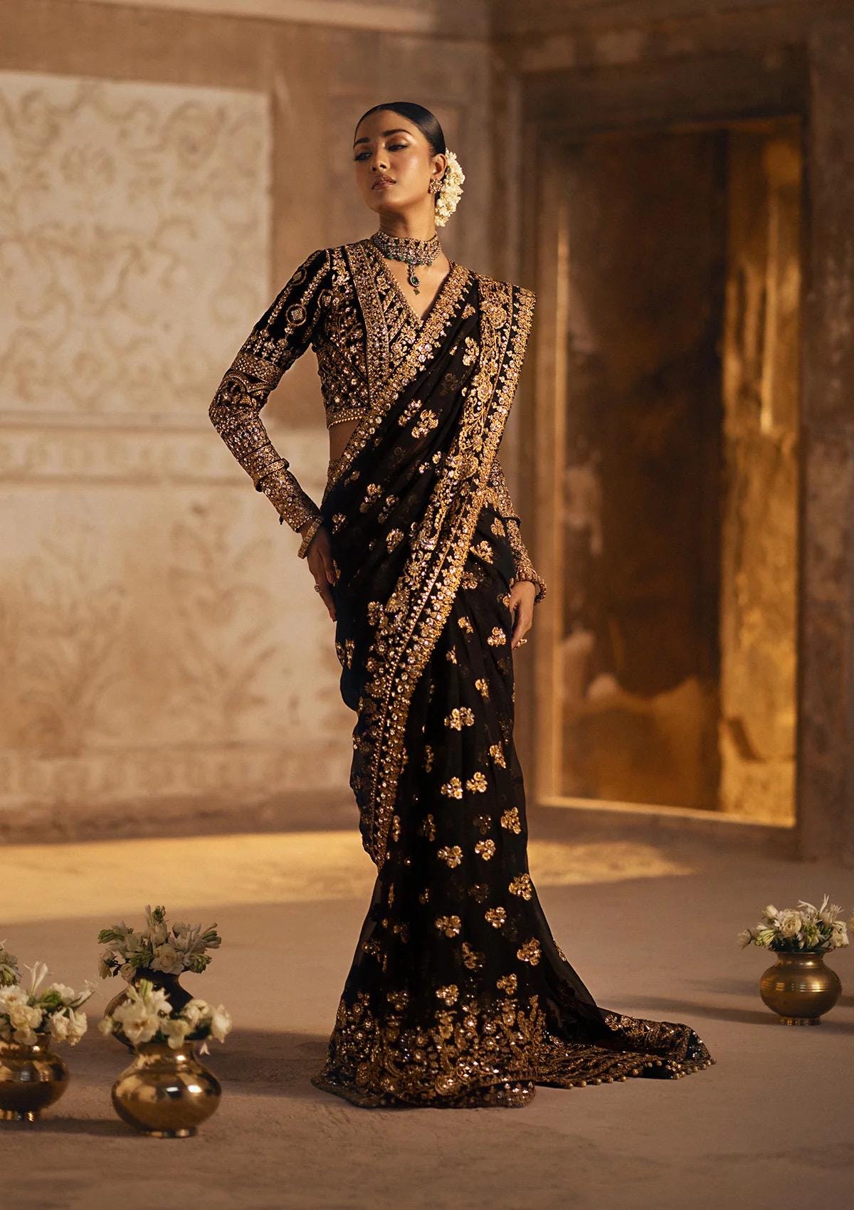 Black Velvet Saree, Gold Embroidered Chiffon, Indian Designer Sari