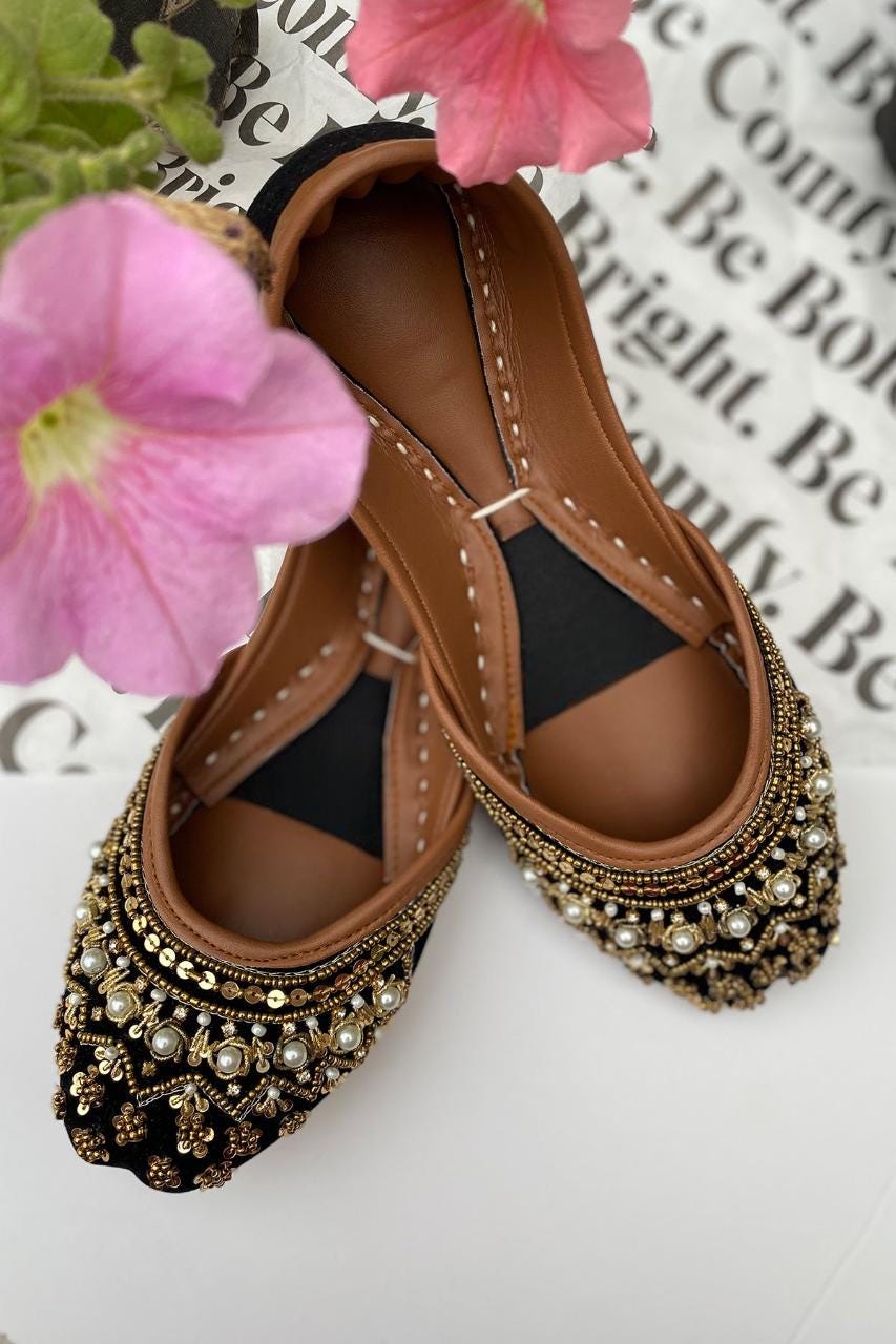 Black & Gold Bridal Jutti Flats: Handmade Pakistani Wedding Shoes