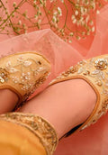 Handmade Gold Floral Jutti: Silk Punjabi Mojari Bridal Flats