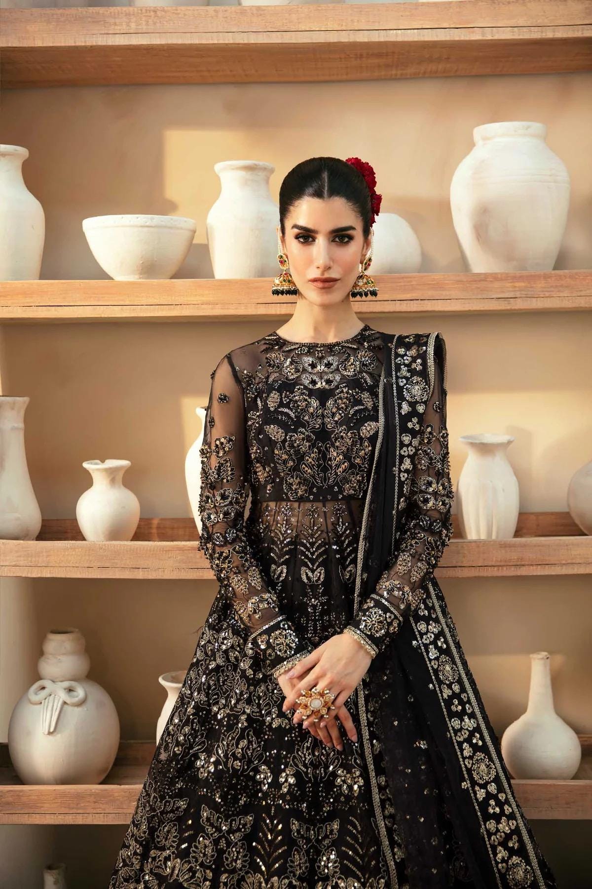 Black Sequin Pakistani Wedding Dress: Hand-Embroidered Bridal Gown