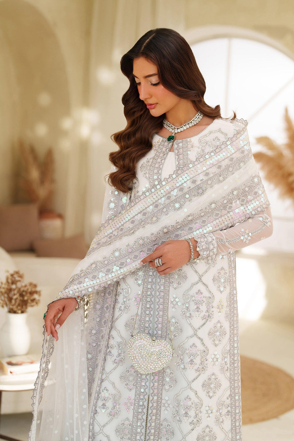 White Sequins Embroidered Pakistani Dress with Sharara