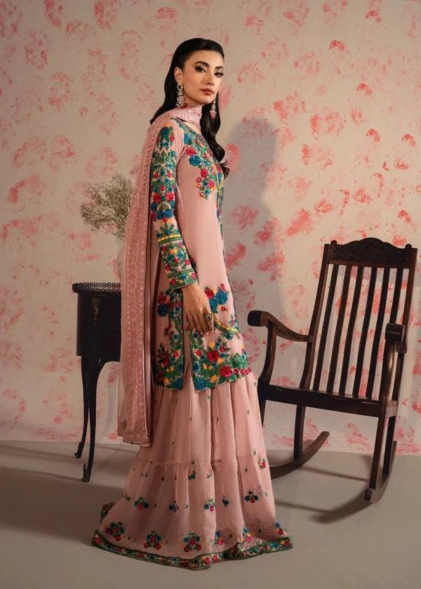 Embroidered Chiffon Kurti Gharara, Blush Pink Kashmiri Dress, Eid Outfit