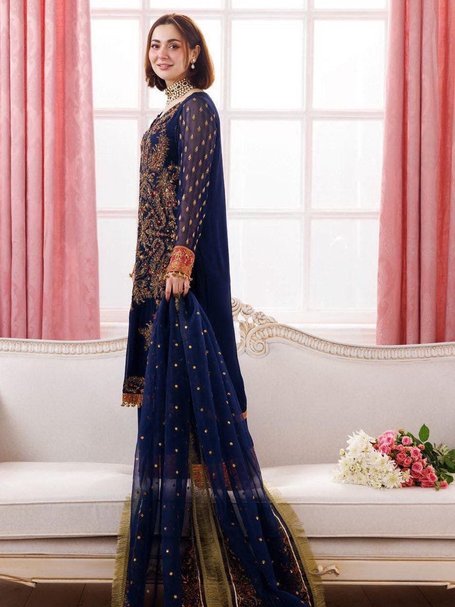 Embroidered Chiffon Pakistani Dress: Blue Floral Kashmiri Party Wear