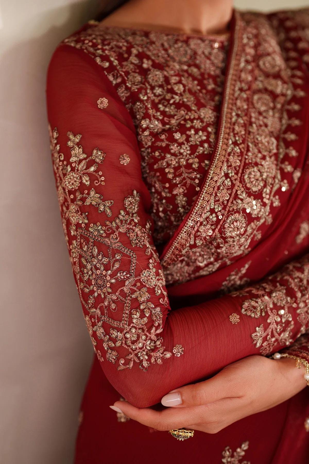 Red Chiffon Saree, Sequins Embroidered Indian Party Wear