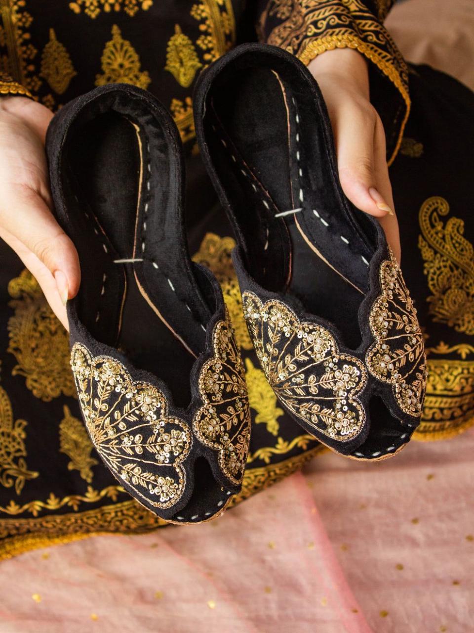 Handmade Bridal Khussa Jutti | Mirror & Velvet Embellished Flats
