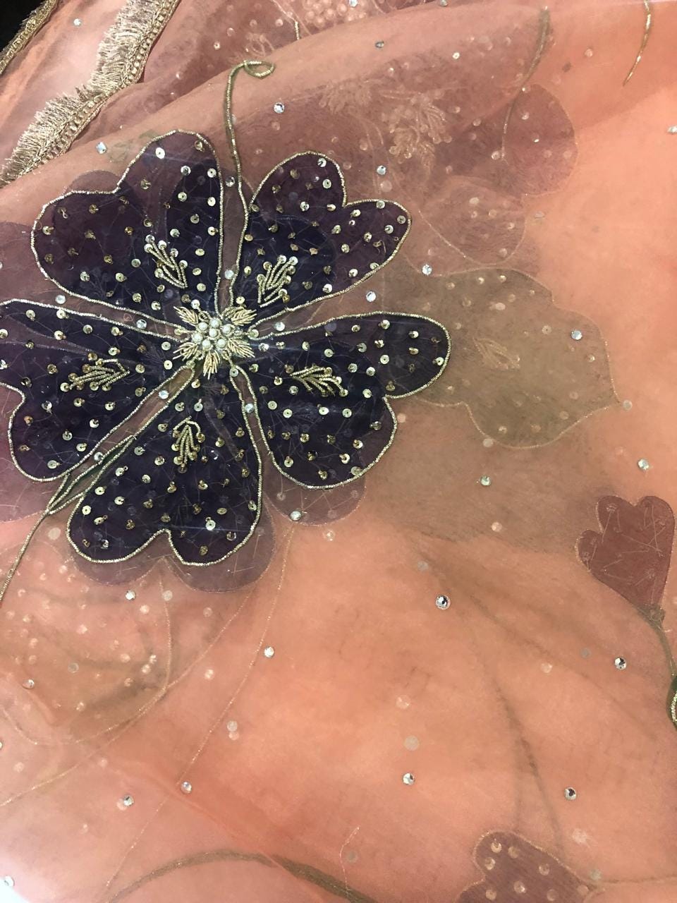 Hand-Painted Bridal Dupatta: Pink Floral, Hand-Embellished