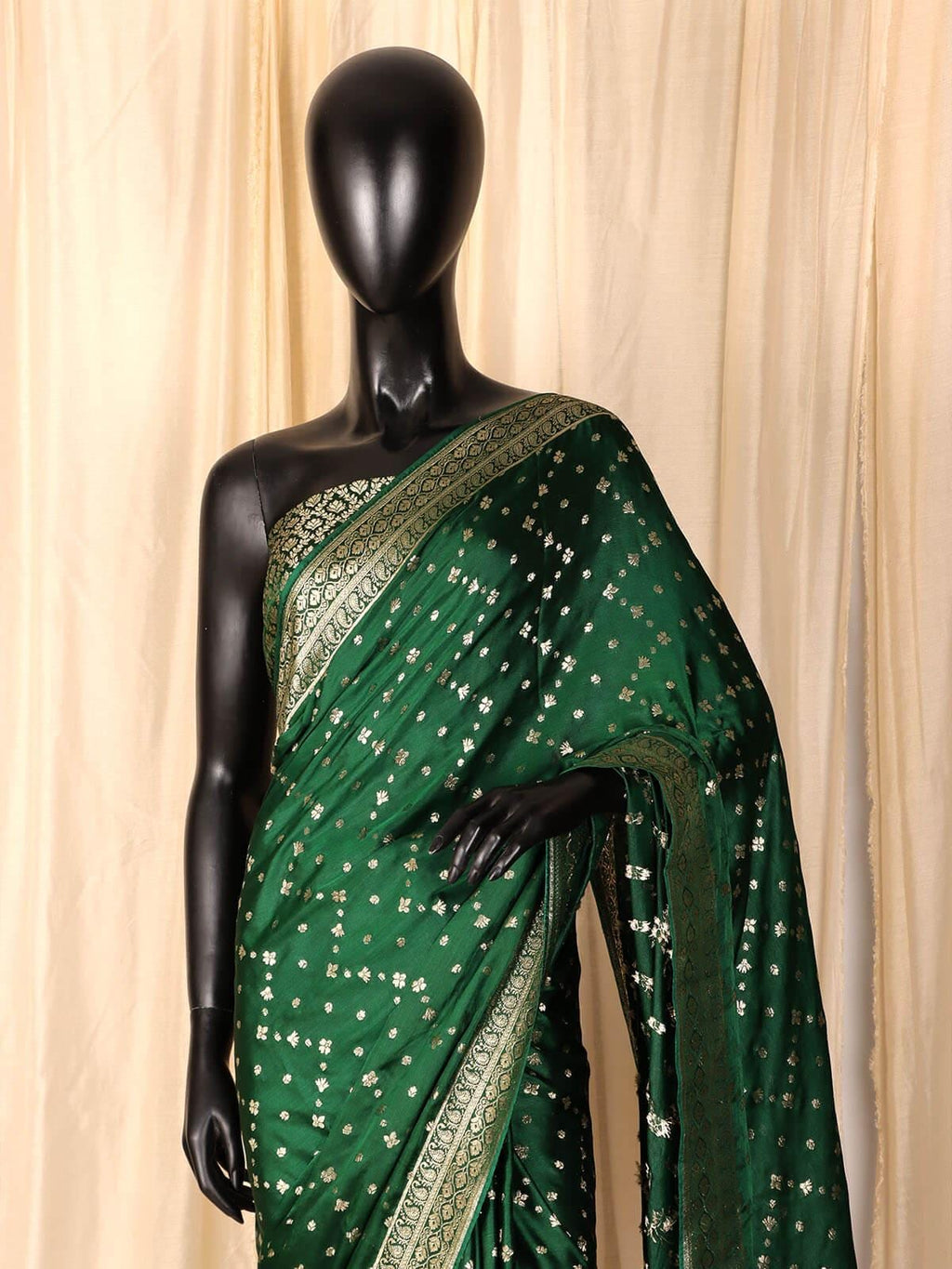 Bottle Green Banarasi Silk Saree, Jaal Pattern, Floral Border