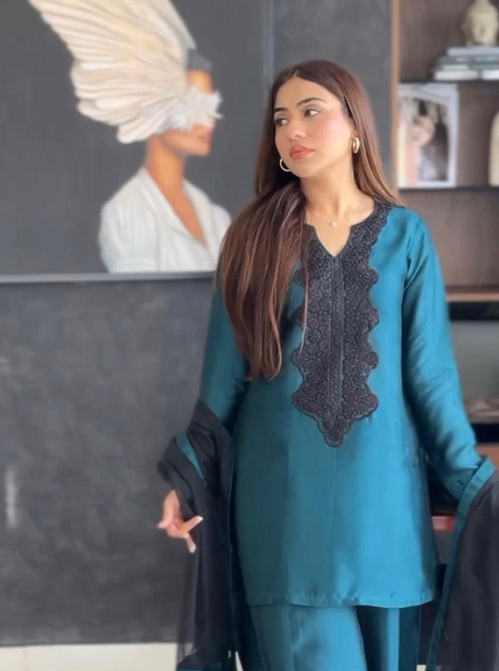 Teal Raw Silk Sharara Suit: Indian Pakistani Wedding Outfit