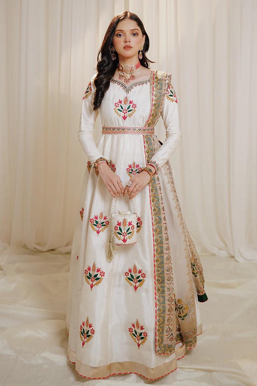 White Tilla Embroidery Raw Silk Pakistani Dress with Dupatta