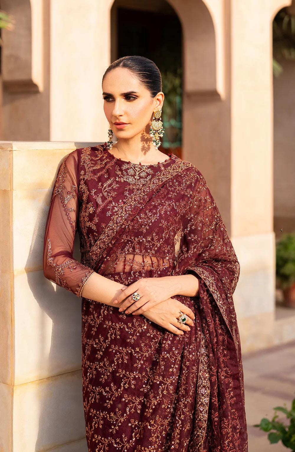 Maroon Sequins Embroidered Net Saree, Indian Party Wear, Blouse Included