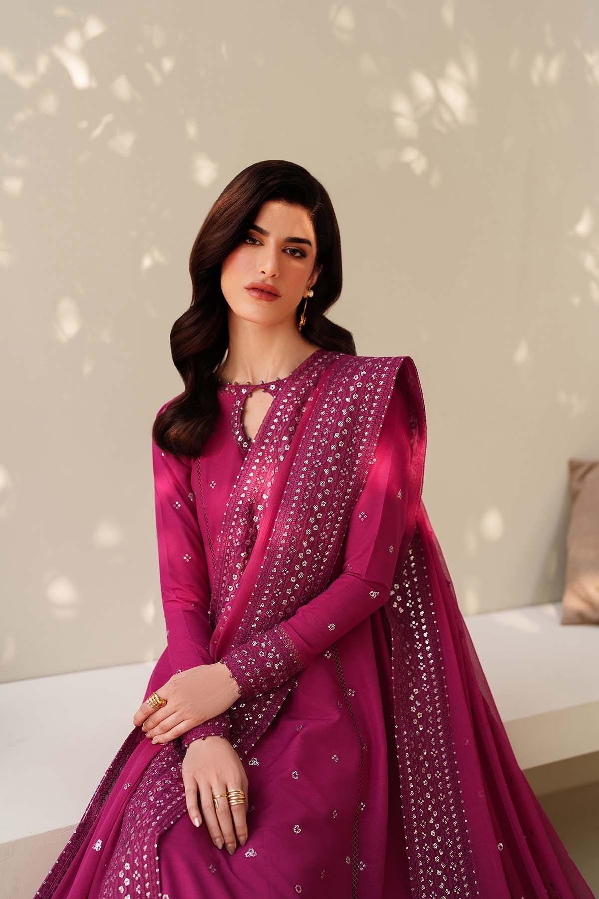 Alura Hotpink Embroidered Silk dress 3pc Suit, Sequins Pakistani Eid Dress, Organza Dupatta