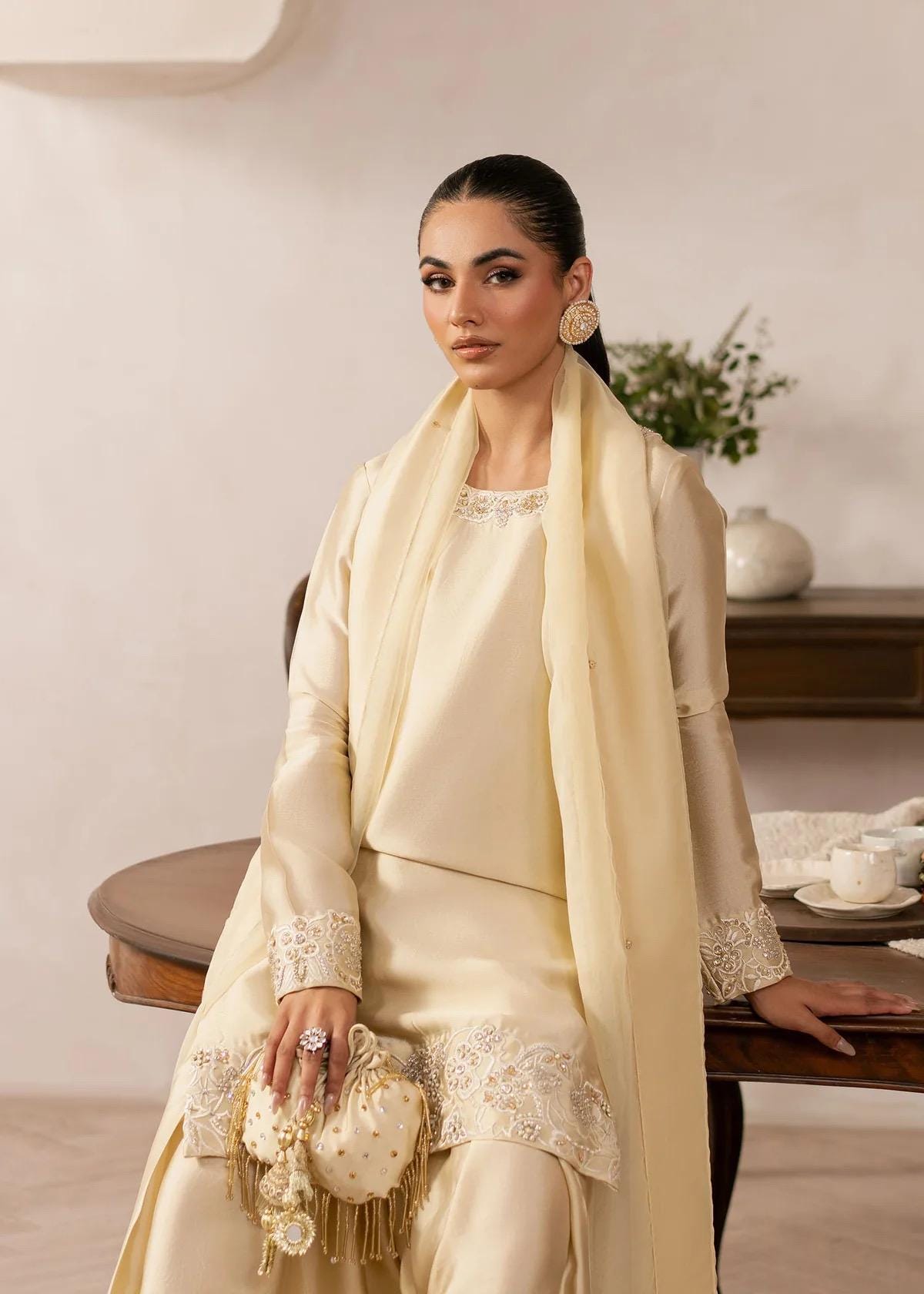 Ivory Silk Farshi Shalwar Kameez, Organza Dupatta, 3pc Stitched Suit