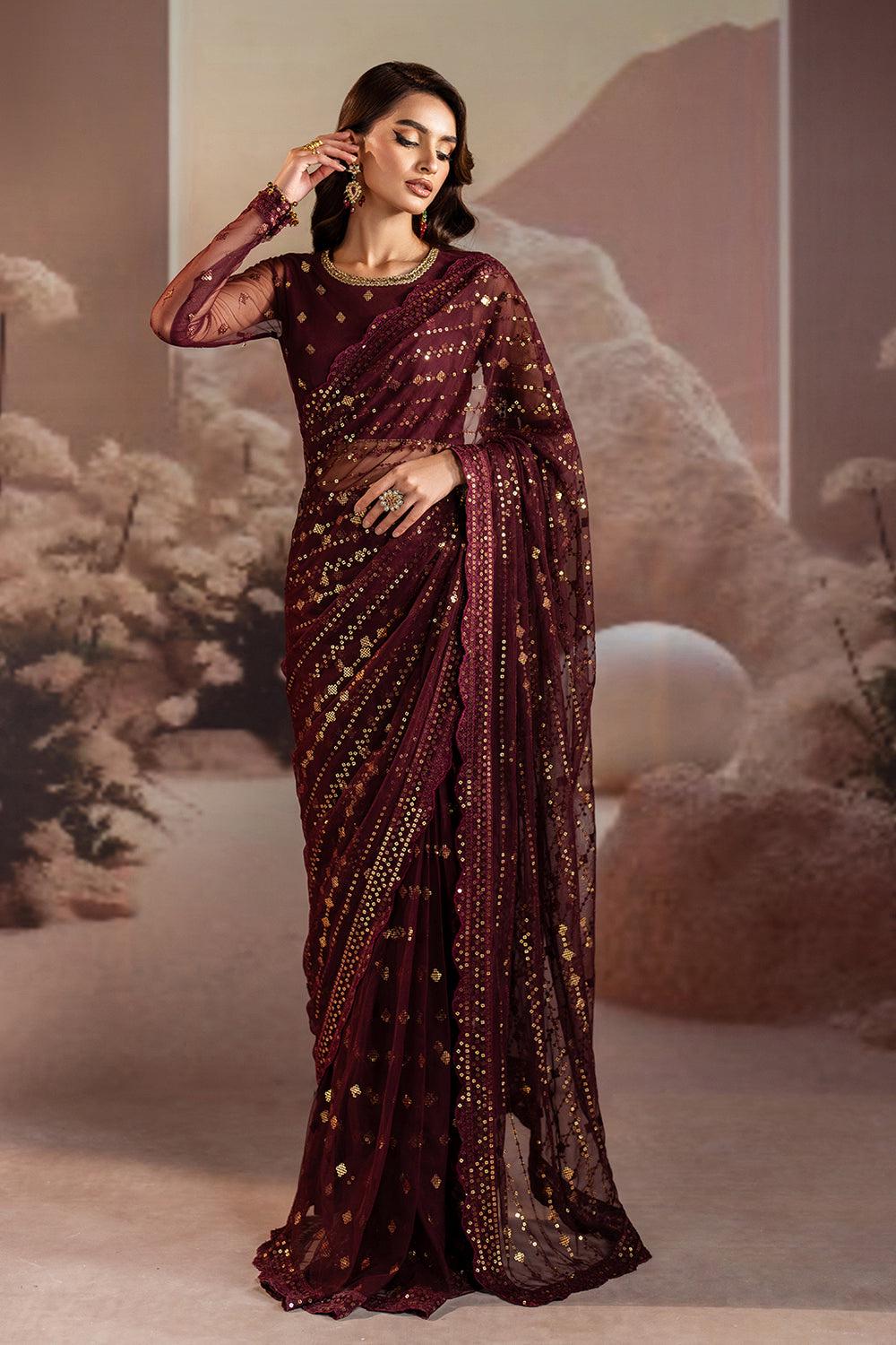 maroonish embroidery laceSequin Saree: Indian reception Party Wear, Matching Blouse