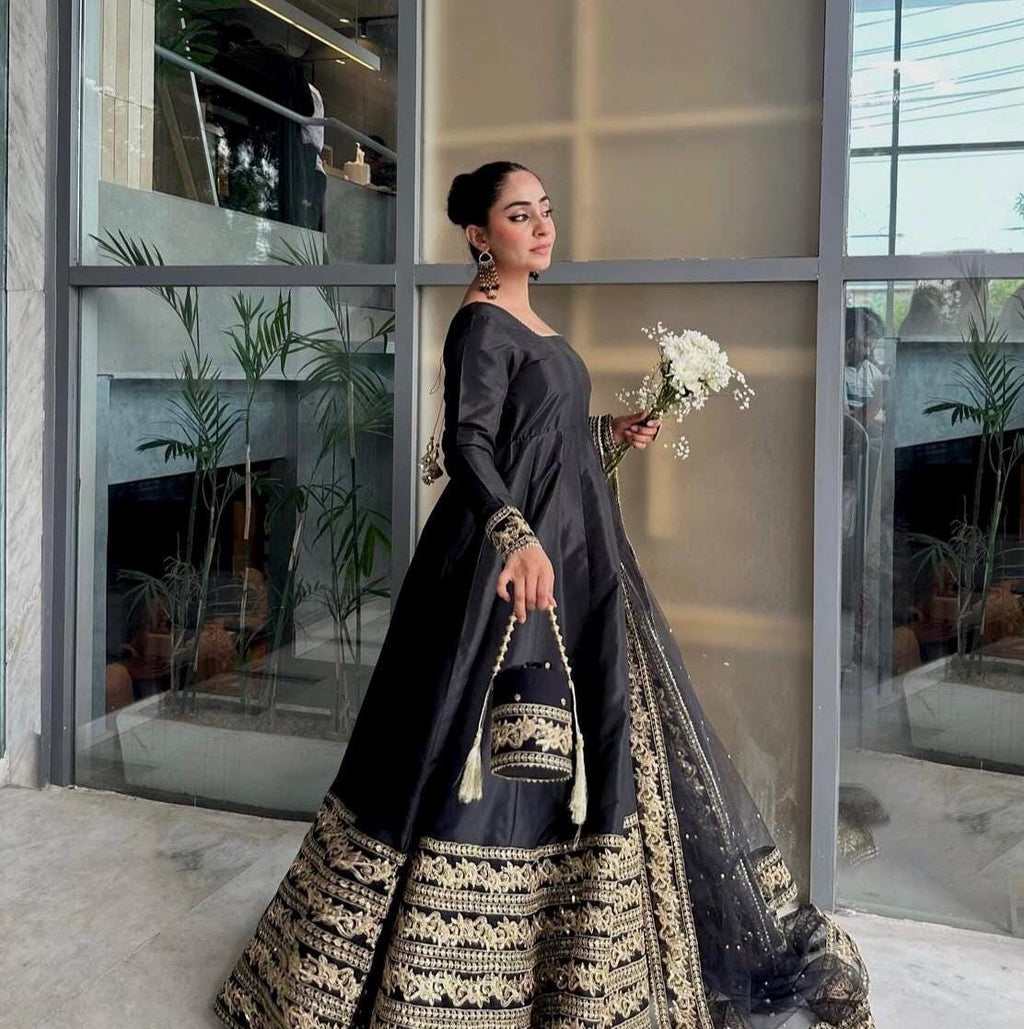Black Silk Maxi Dress, Tilla Embroidery, Net Dupatta, Pakistani Indian