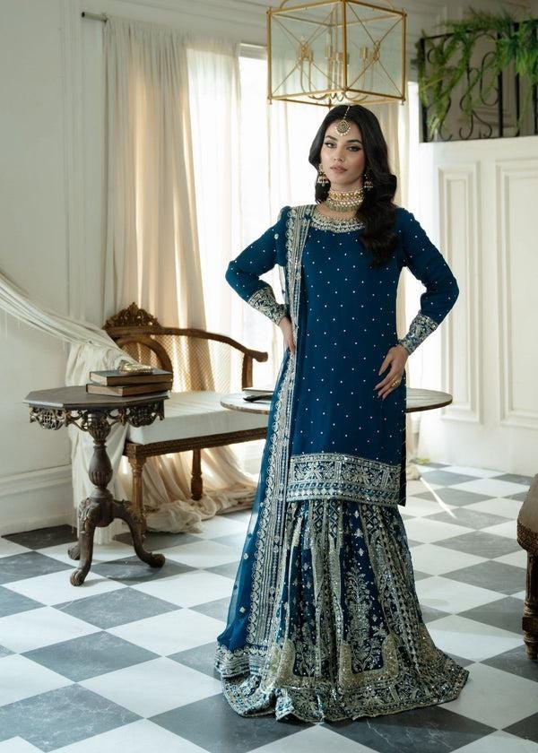Blue Chiffon Gharara Dress, Indian Wedding Outfit, Zari Embroidery
