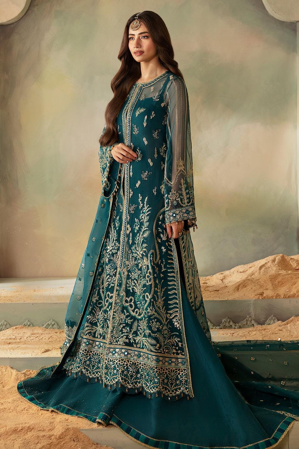 Embroidered Organza Pakistani Bridal Suit: Teal Green 3pc Shalwar Kameez