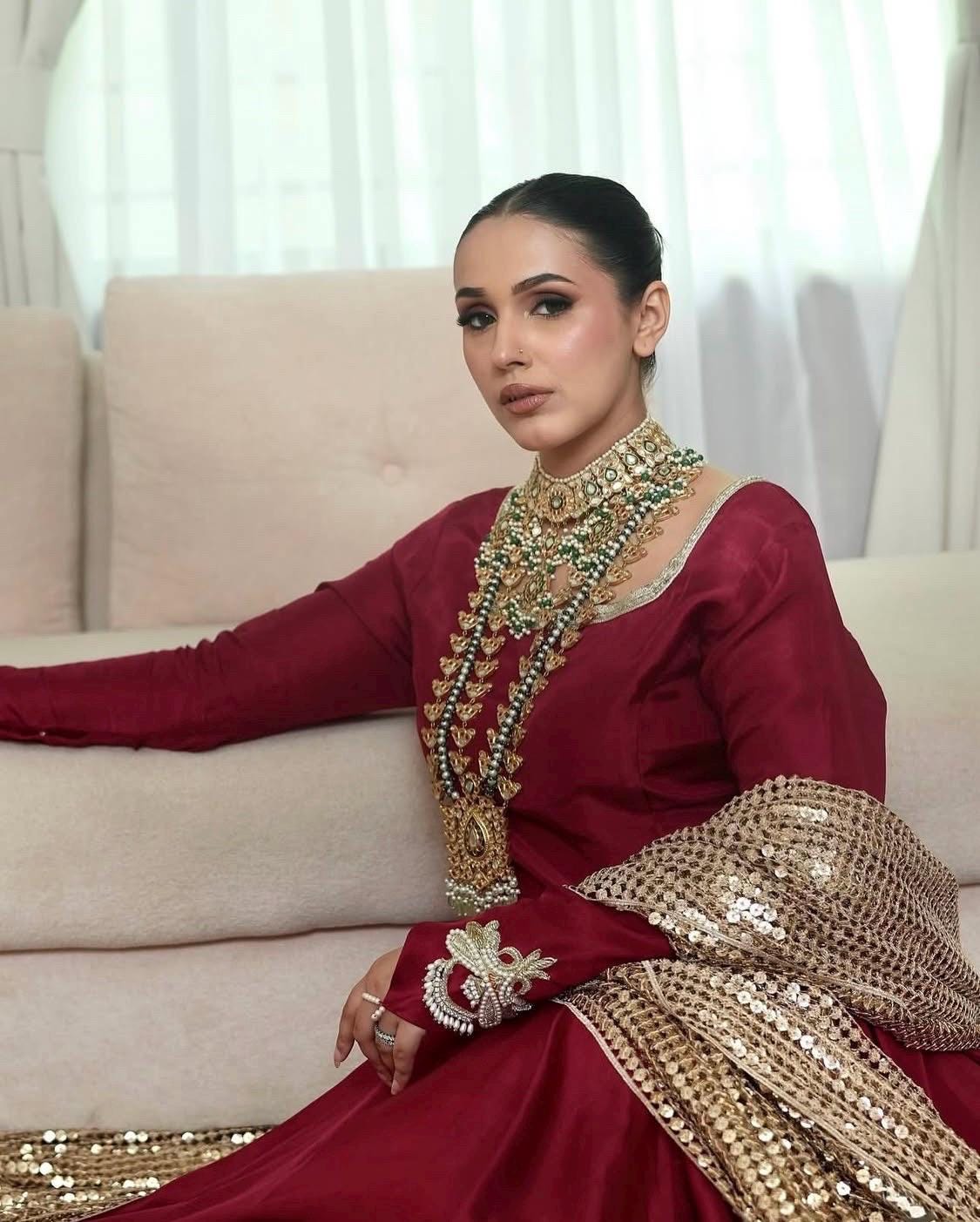 Red Floral Embroidered Pakistani Gown | Sequined Dupatta