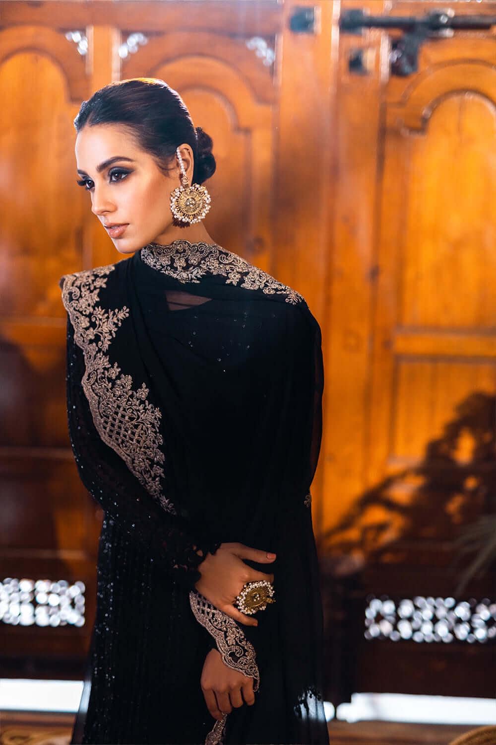 Black Chiffon Pakistani Suit: Embroidered Net Frock, Silk Trousers